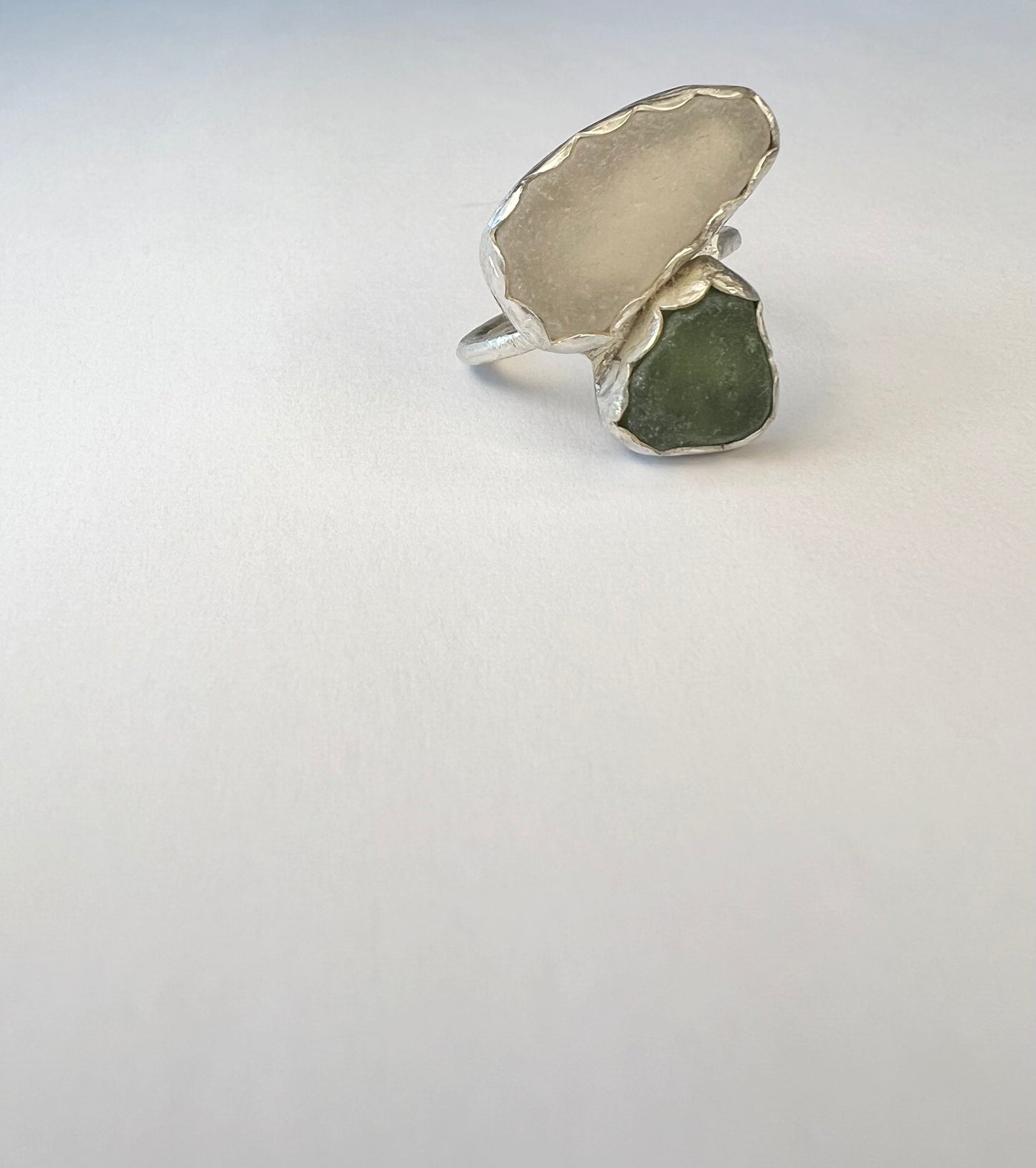 Clear and Green Sea-glass Ring (Scalloped Bezel)