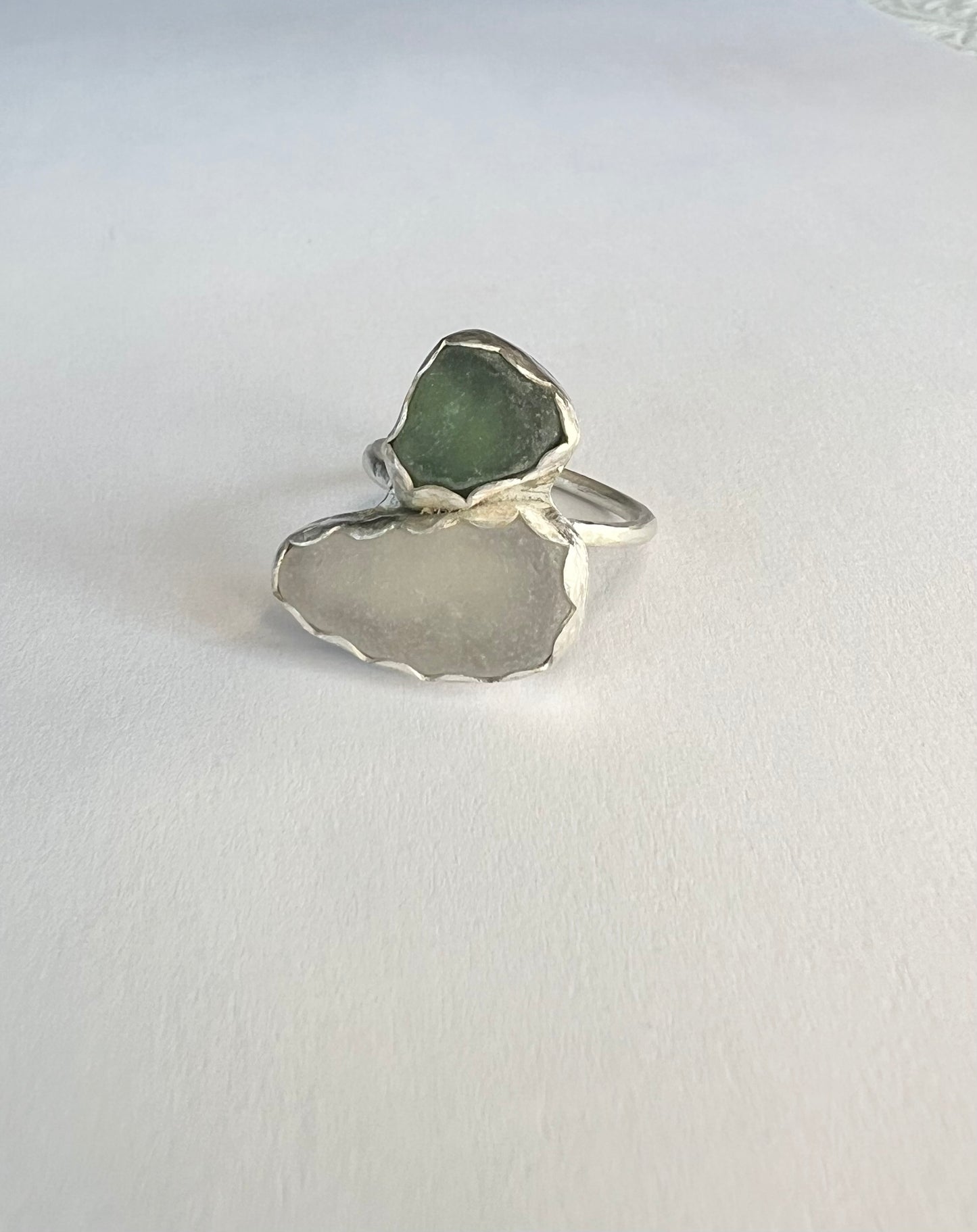 Clear and Green Sea-glass Ring (Scalloped Bezel)