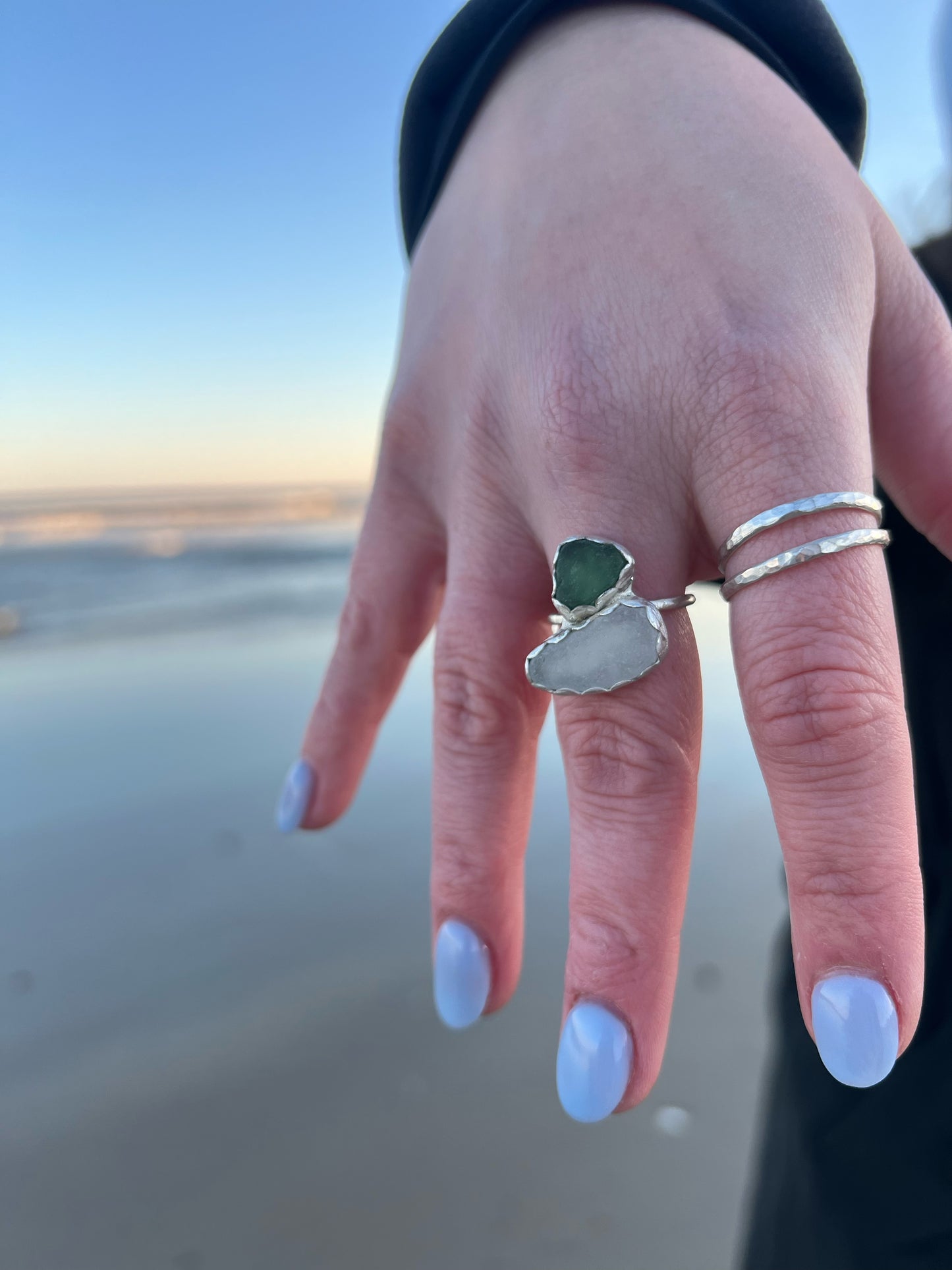 Clear and Green Sea-glass Ring (Scalloped Bezel)